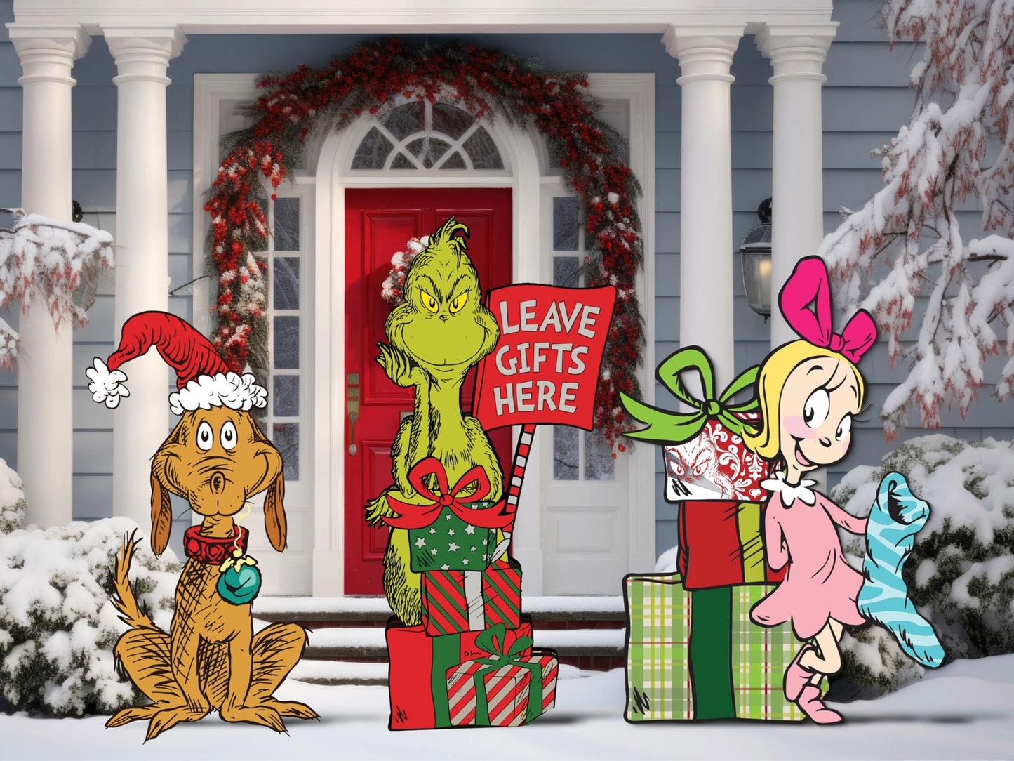 Grinch with sign christmas cutouts | whoville | dr seuss decorations | yard signs |